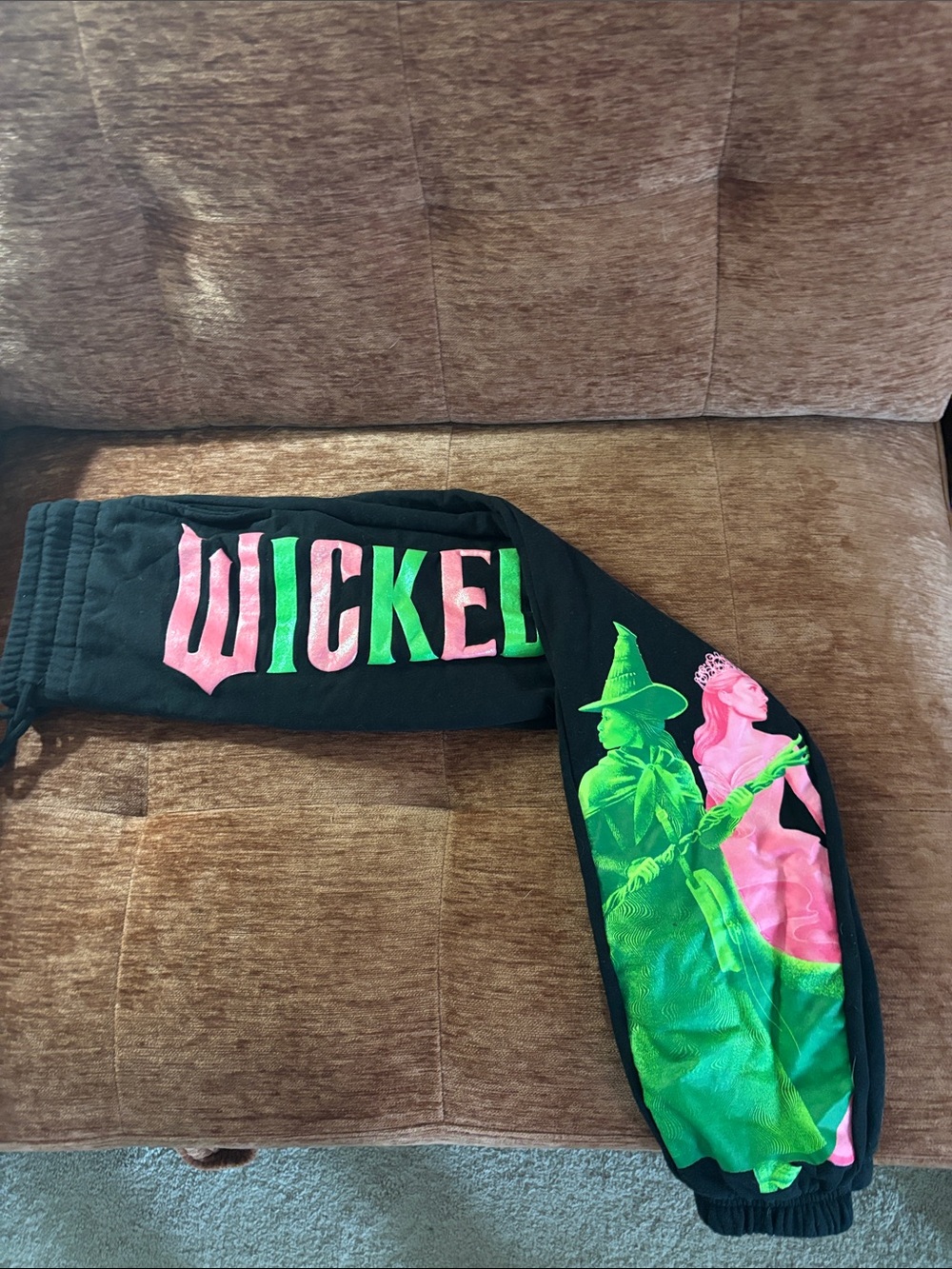 Womens Black Sweatpants with Neon Pink & Green 'Wicked' Graphic